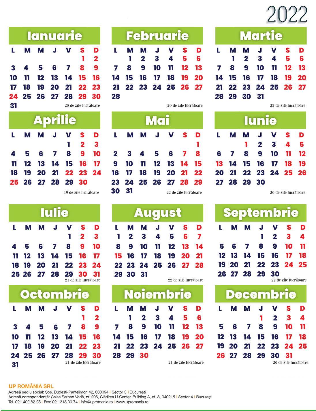 Calendar Zile Lucratoare 2022 Up Romania