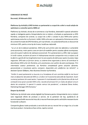 Platforma Up Achizitii si DPD incheie un parteneriat cu scopul de a oferi o noua solutie de optimizare a costurilor pentru IMM-uri