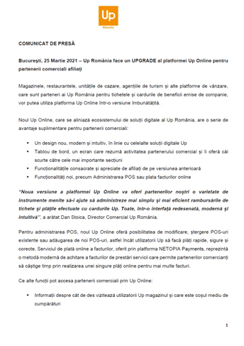 Up Romania face un UPGRADE al platformei Up Online pentru partenerii comerciali afiliati