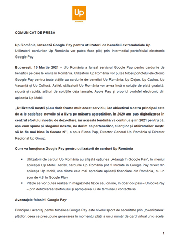 Up Romania, lanseaza Google Pay pentru utilizatorii de beneficii extrasalariale Up