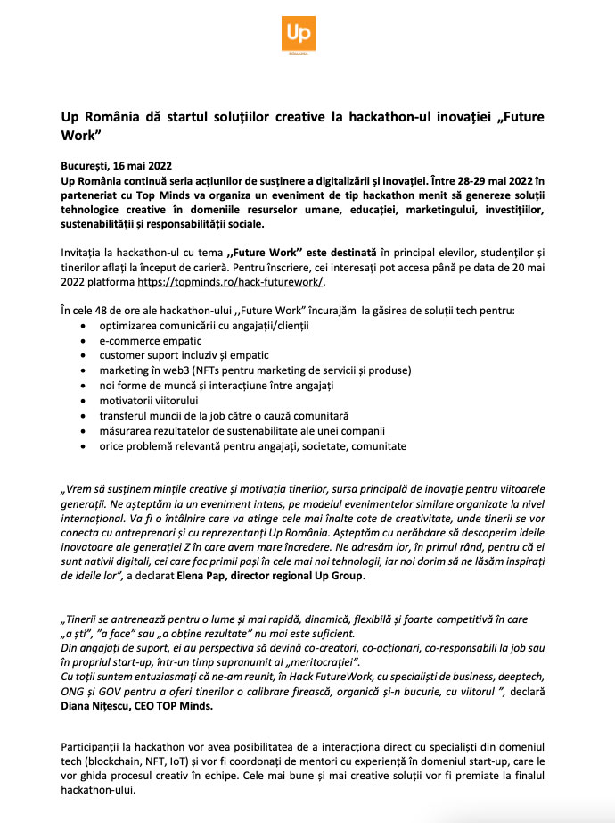 Up Romania da startul solutiilor creative la hackathon-ul inovatiei "Future Work"